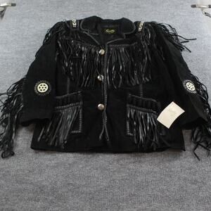 Scully Jacket Men 46 Black Leather Fringe Beaded Hand Lace Western Navajo Cowboy